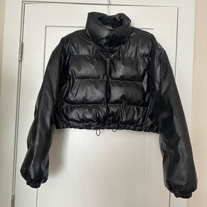 Black, crop, faux leather puffer jacket